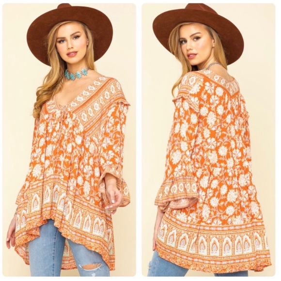 Free People Moonlight Dance Top Floral Print Bell Sleeve Ladder Lace Size Small - Picture 2 of 12